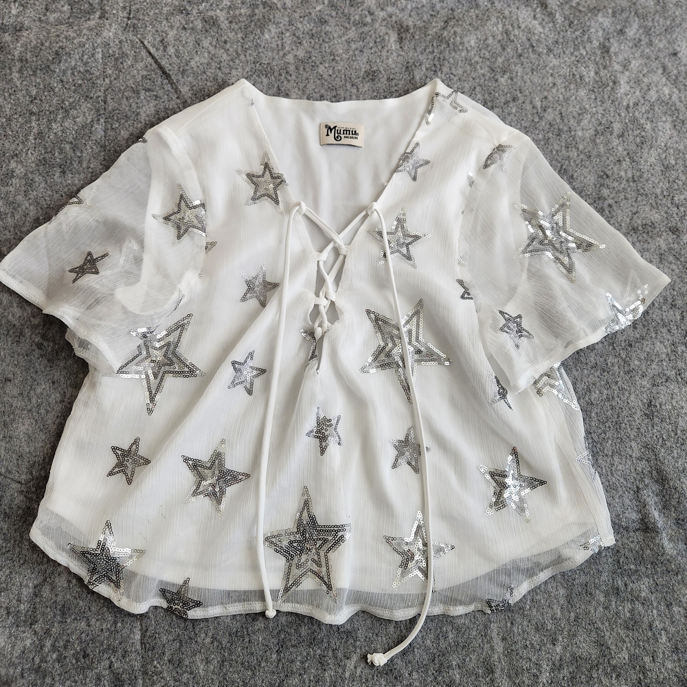 Show Me Your Mumu Oasis Sequin Lace Up Top Women's M White Silver Fairy Sheer